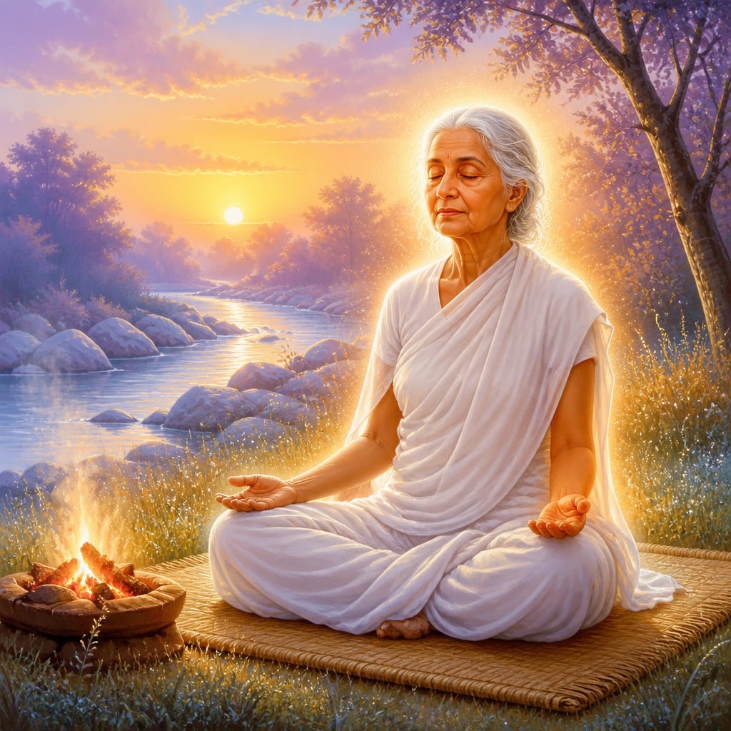 Devahuti sits in samadhi on a woven mat by the banks of the Saraswati.