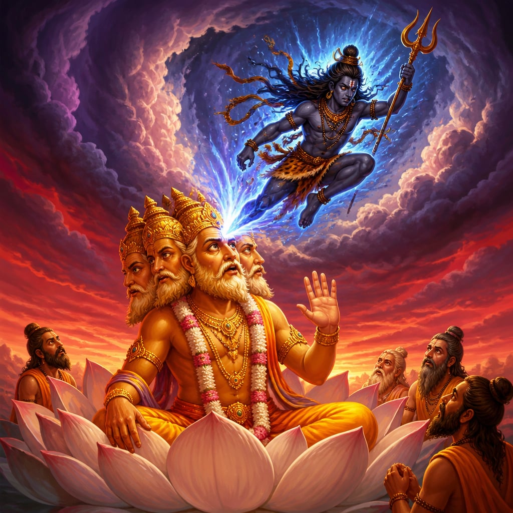 Rudra emerges in fierce blue light from Brahma's furrowed brow.