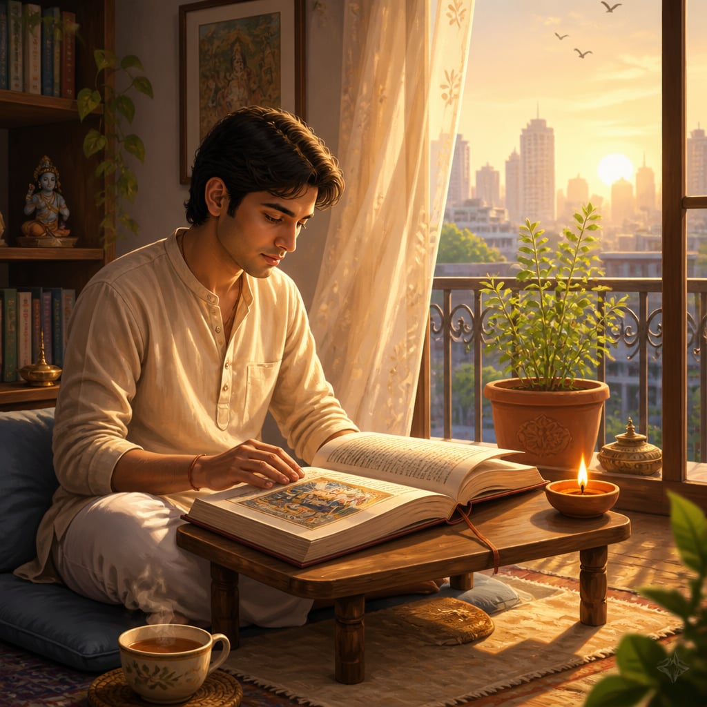 A modern Indian seeker reads scripture cross-legged at a home nook in early morning.