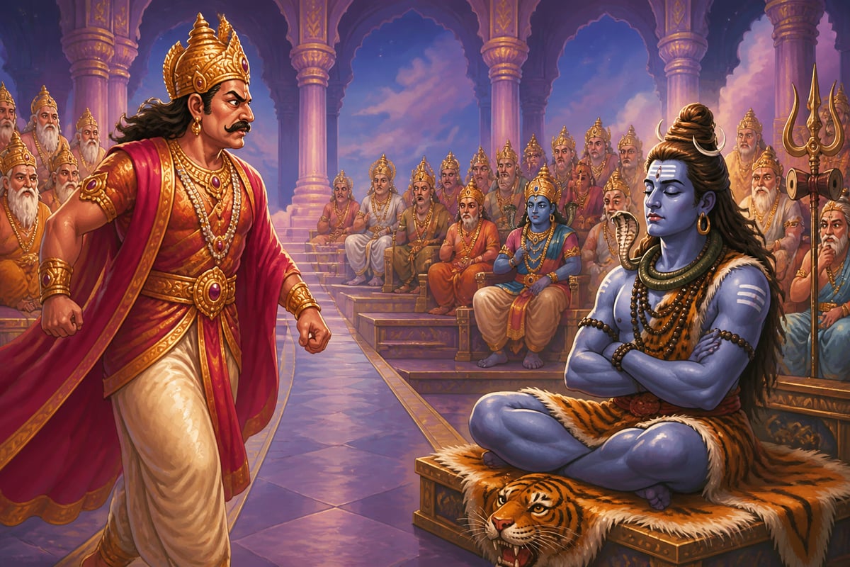 Daksha glares at unbowed Shiva in Brahma's assembly