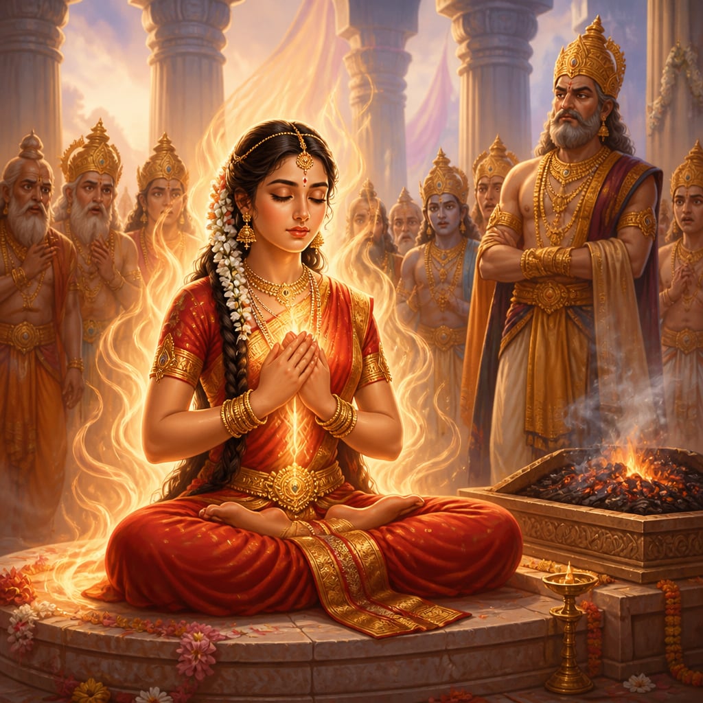 Sati sits in yogic posture as inner fire consumes her body at her father's sacrifice.