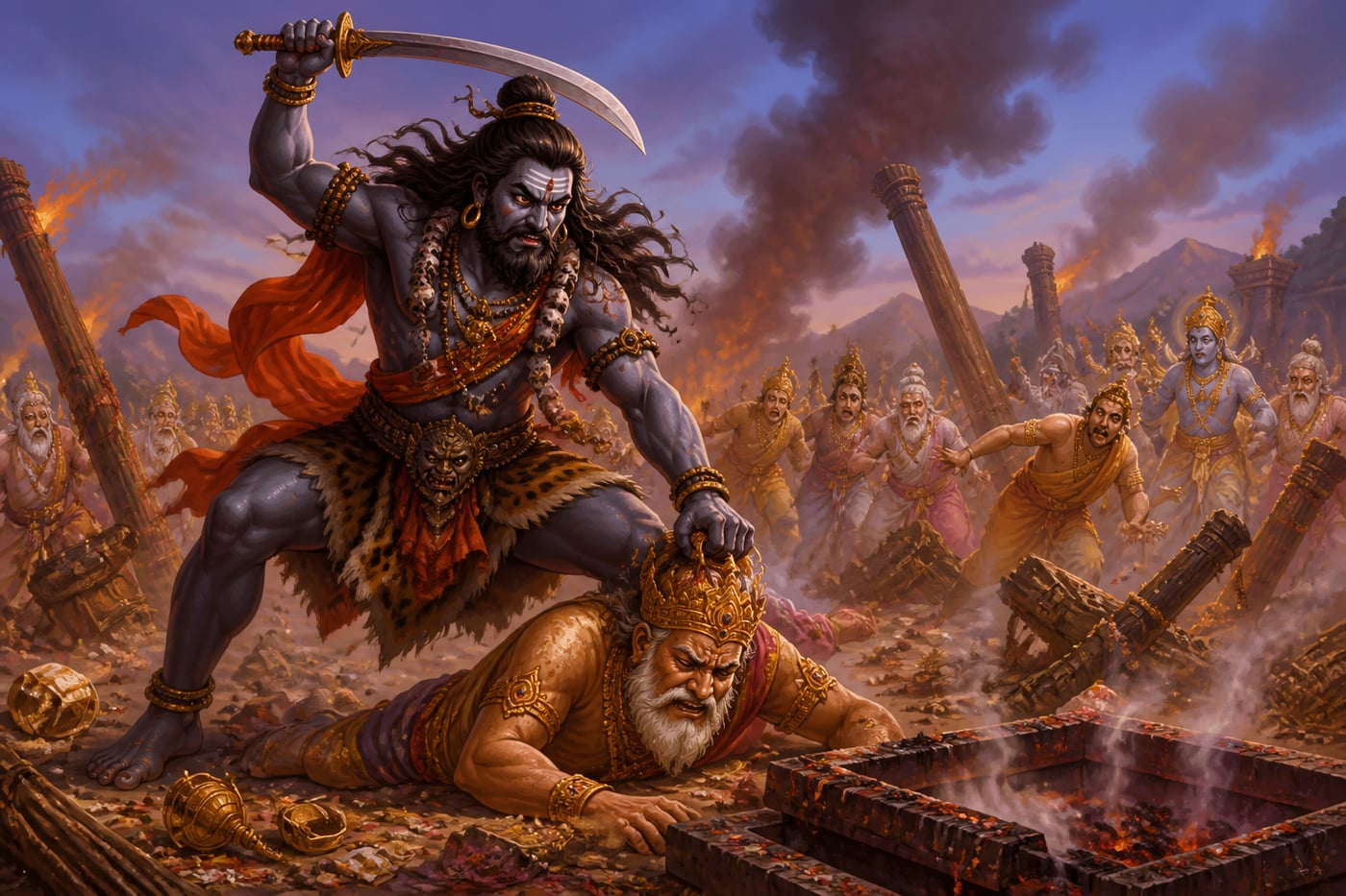 Virabhadra over fallen Daksha at the wrecked yajna