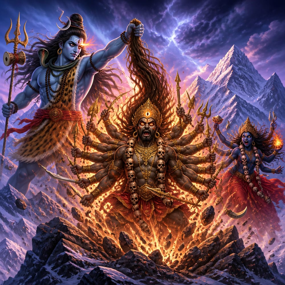 Shiva tears a lock of hair as Virabhadra rises from the earth like a thousand-armed warrior of flame.