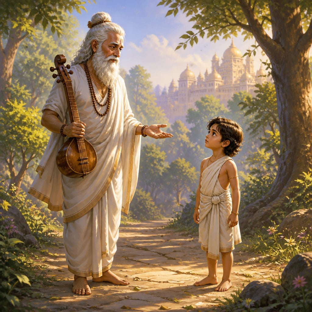 Sage Narada meets young Dhruva on a wooded forest path outside the palace grounds.