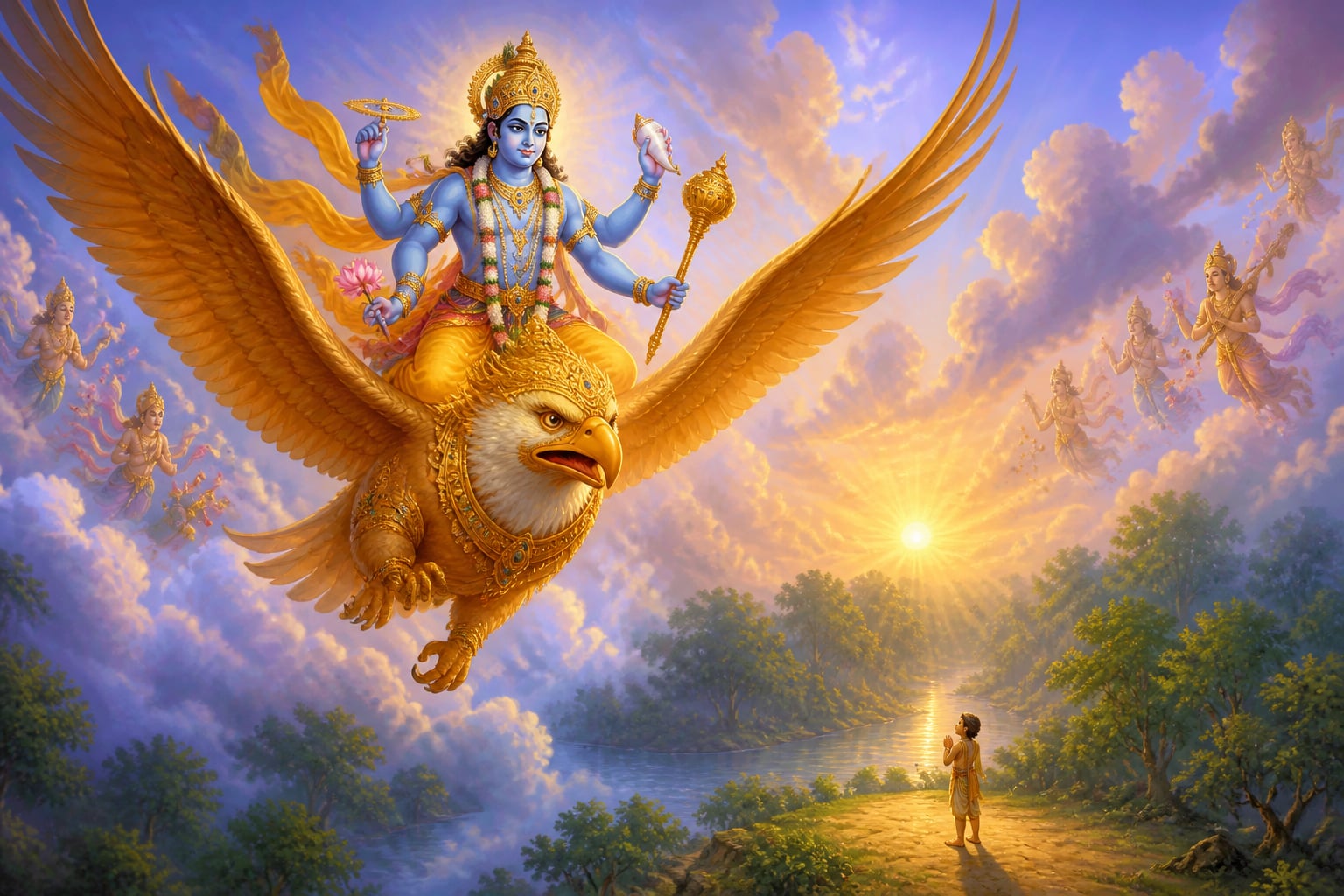 Vishnu descends on Garuda above Madhuvana