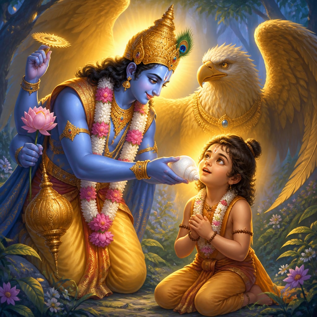Vishnu leans down and touches young Dhruva's cheek with his white conch shell.