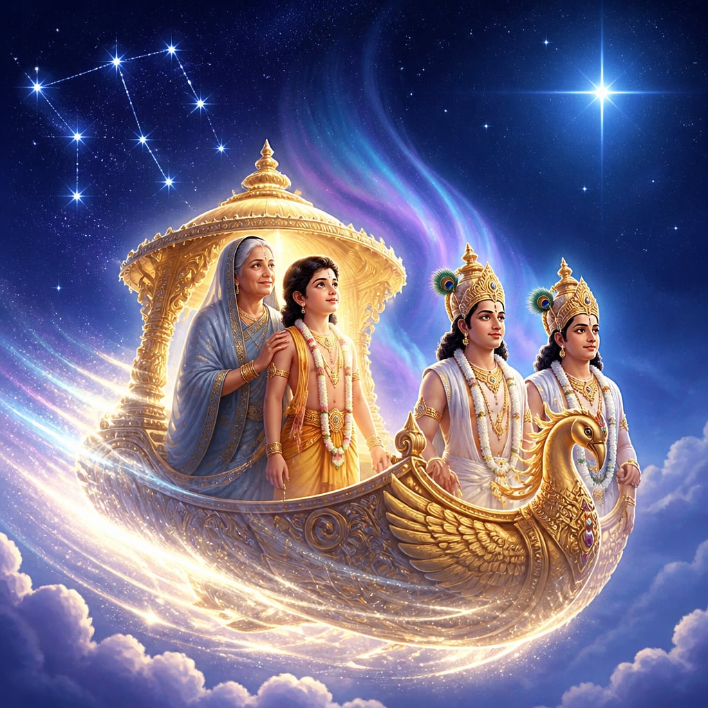 Dhruva and his mother Suniti ascend on a glowing celestial vimana past the cloud line toward the pole star.