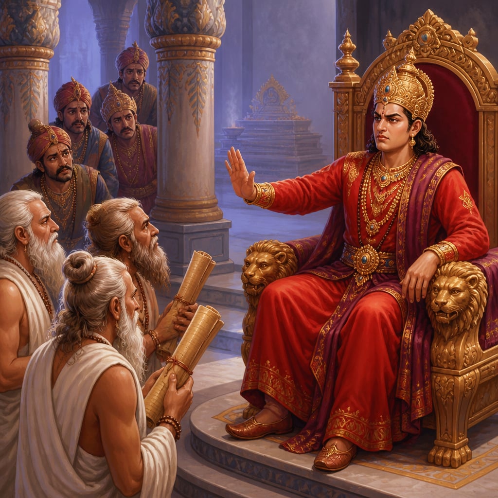King Vena seated on a tall throne dismisses brahmana sages who hold rolled scrolls of dharma.