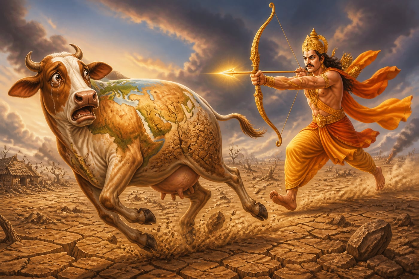 Earth-as-cow flees Prithu across a barren plain