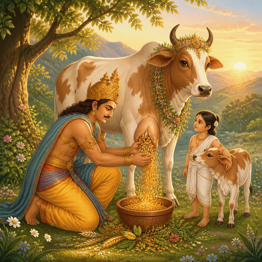 Maharaja Prithu kneels in a sunlit meadow milking the Earth as a gentle brown and white cow.