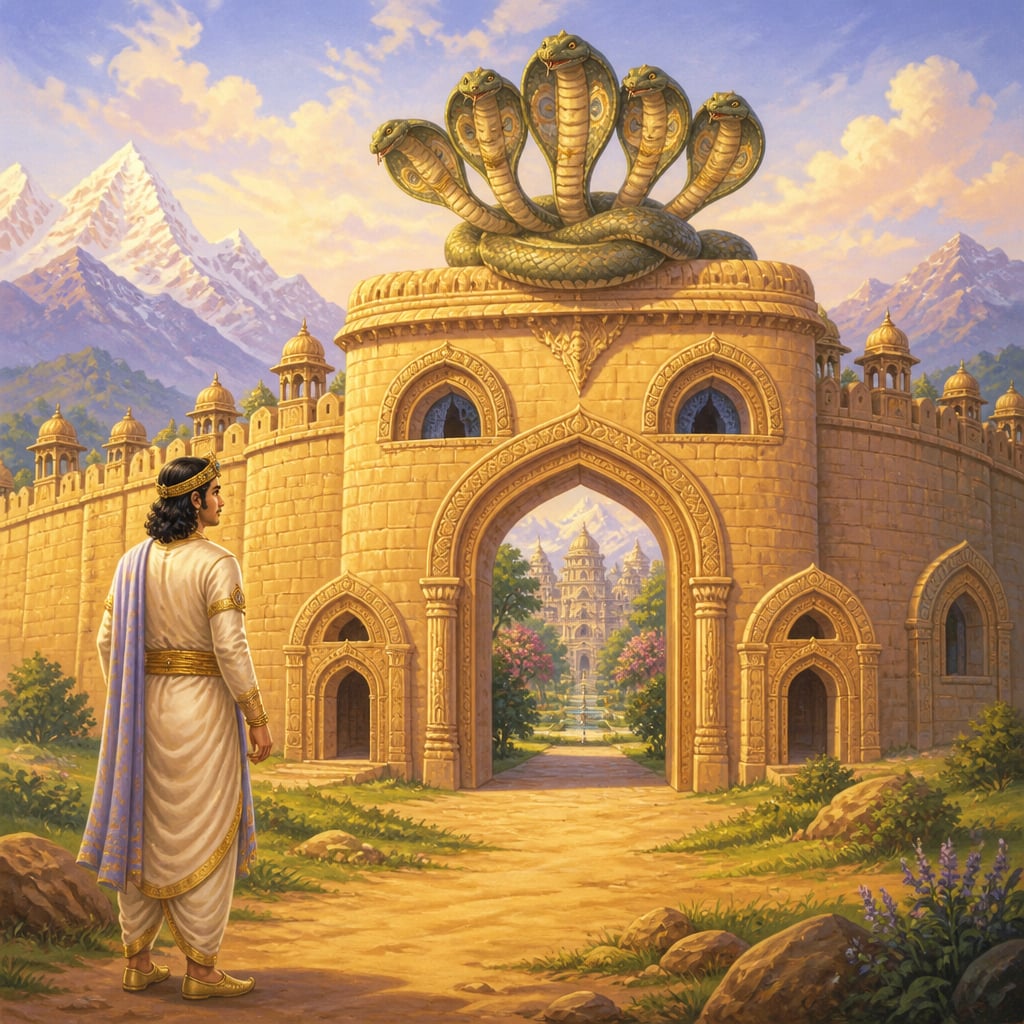 King Puranjana stands before the great honey-coloured nine-gated city on a plain south of the Himalayas.