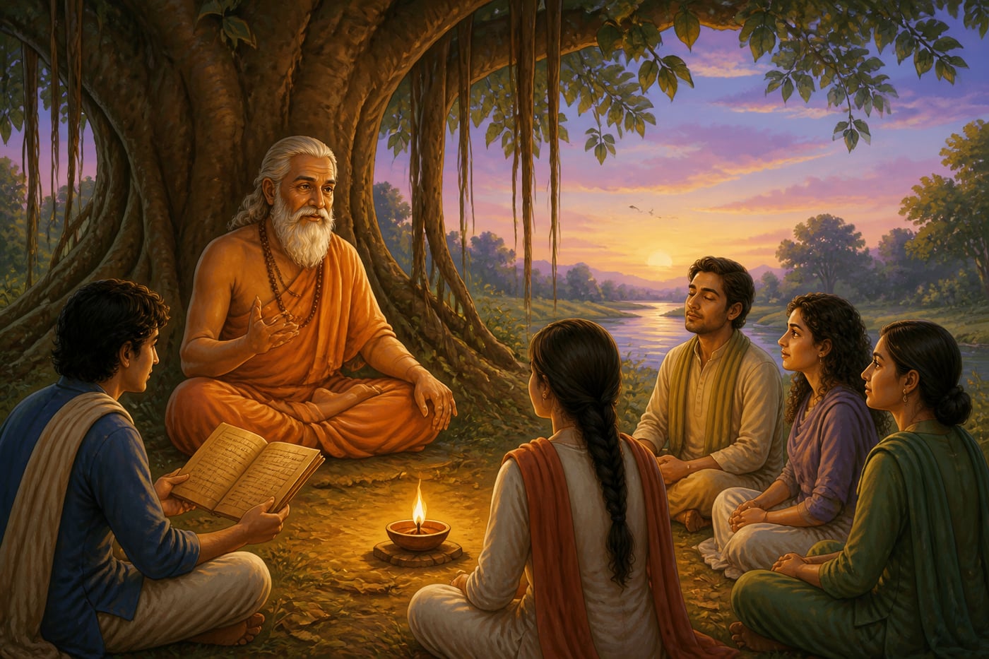 A teacher under the banyan with modern students
