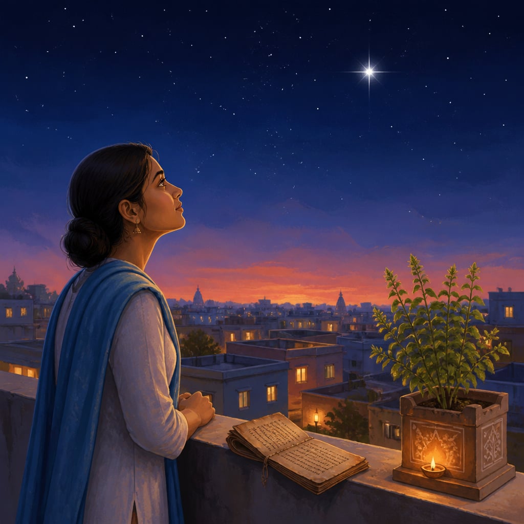 A modern young Indian seeker on a rooftop at twilight looks up at the steady Pole Star above the city.