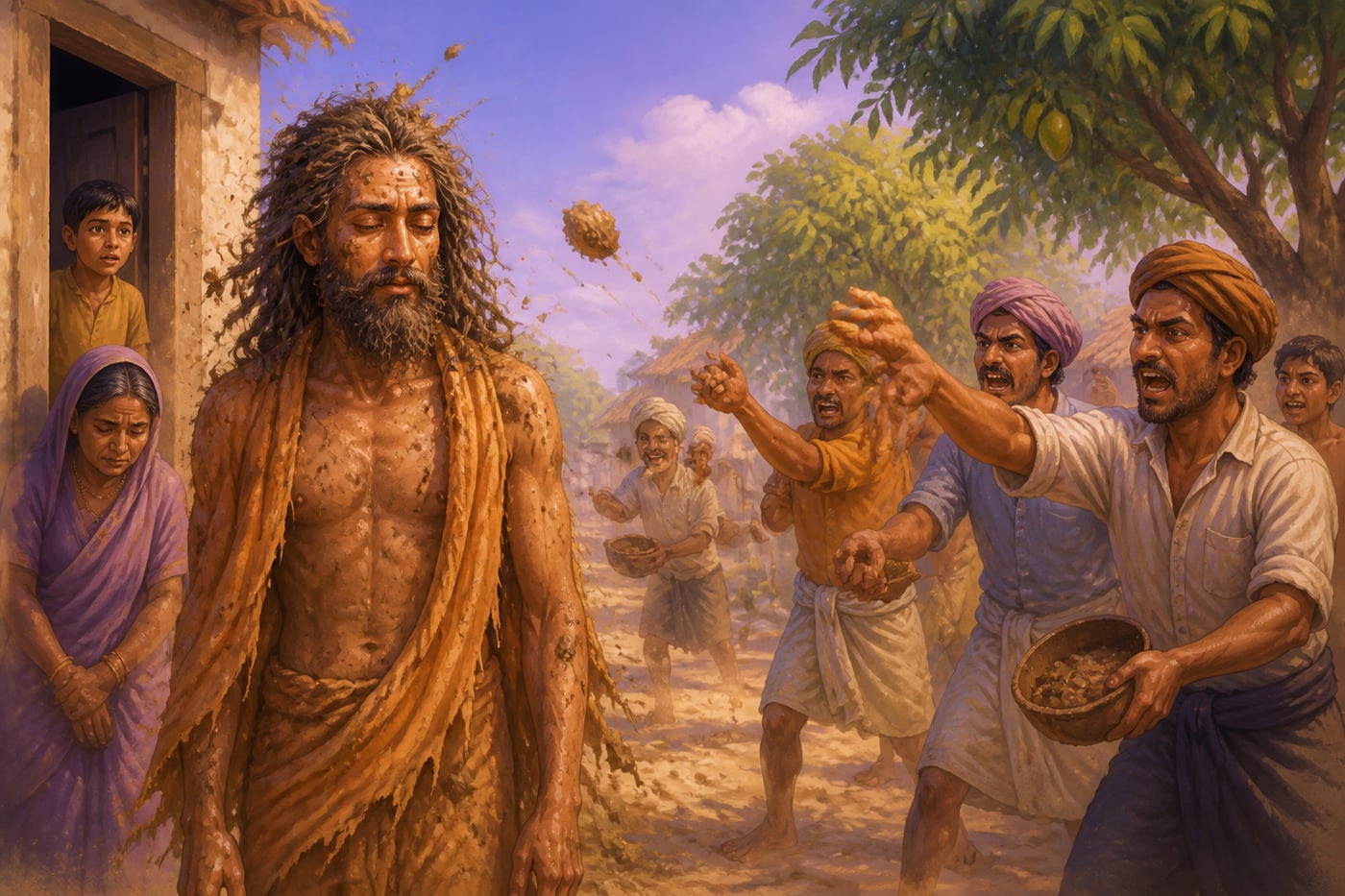 Rishabhadeva wandering as an avadhuta unmoved by villagers