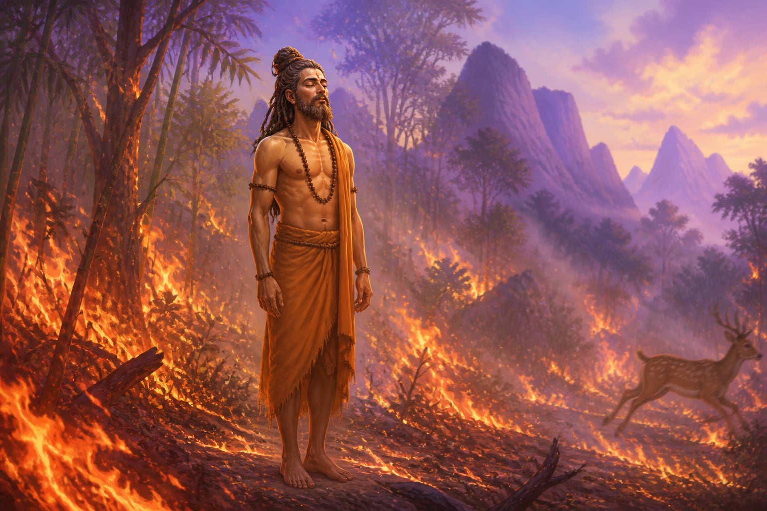 Rishabhadeva standing serene in the forest fire of his final liberation