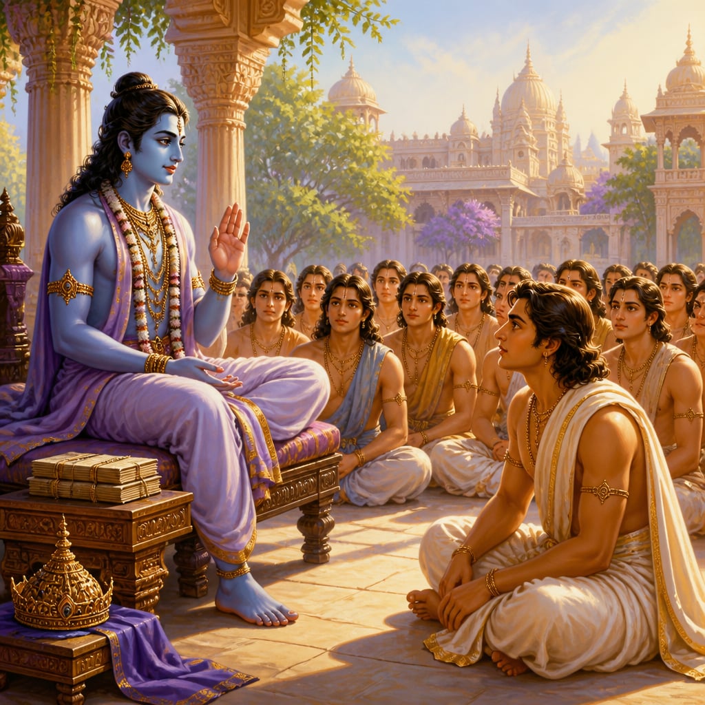 Rishabhadeva seated on a low throne instructing his hundred sons in a sunlit palace courtyard.