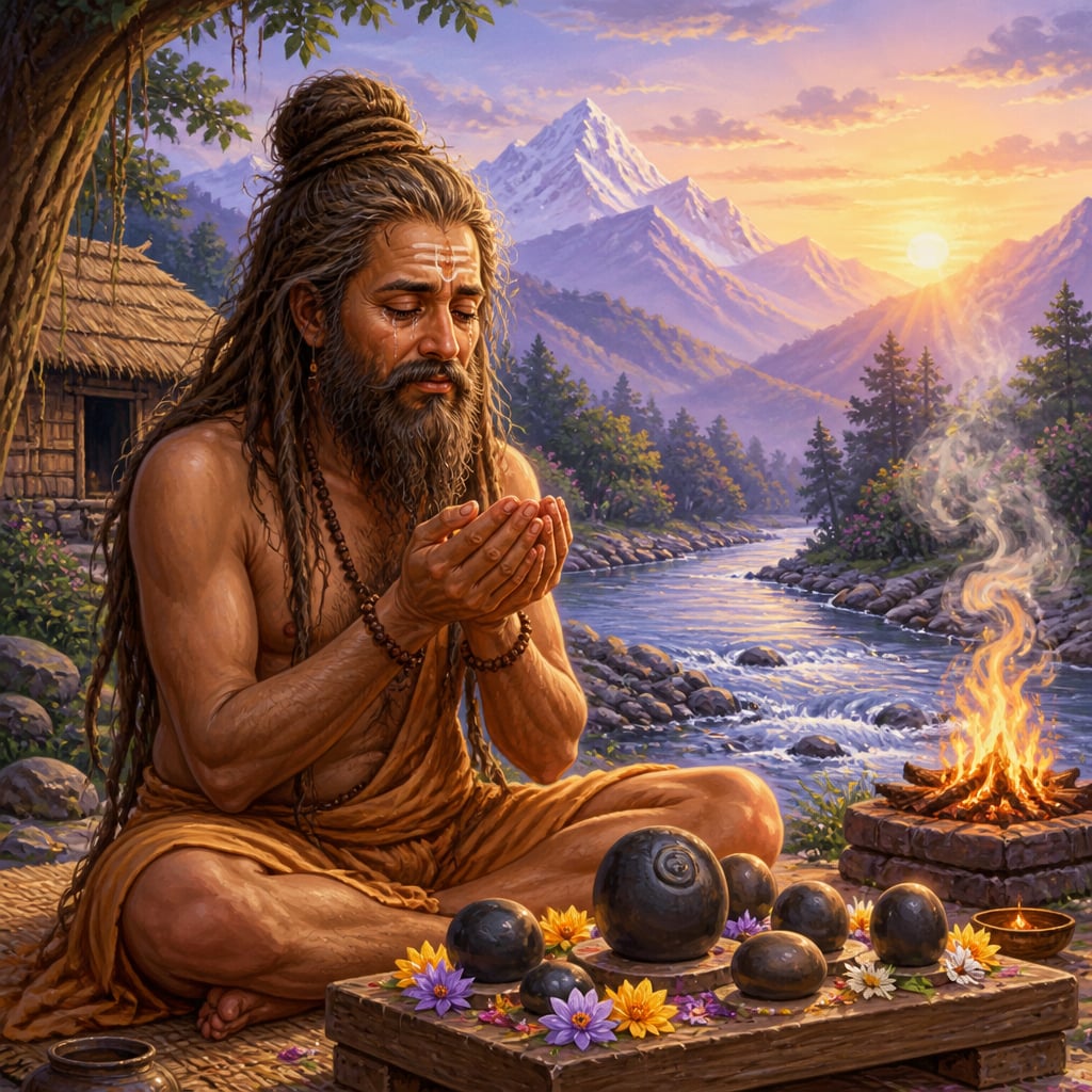 Bharata in matted hair worshipping shalagrama stones beside the Gandaki at Pulaha Ashrama.