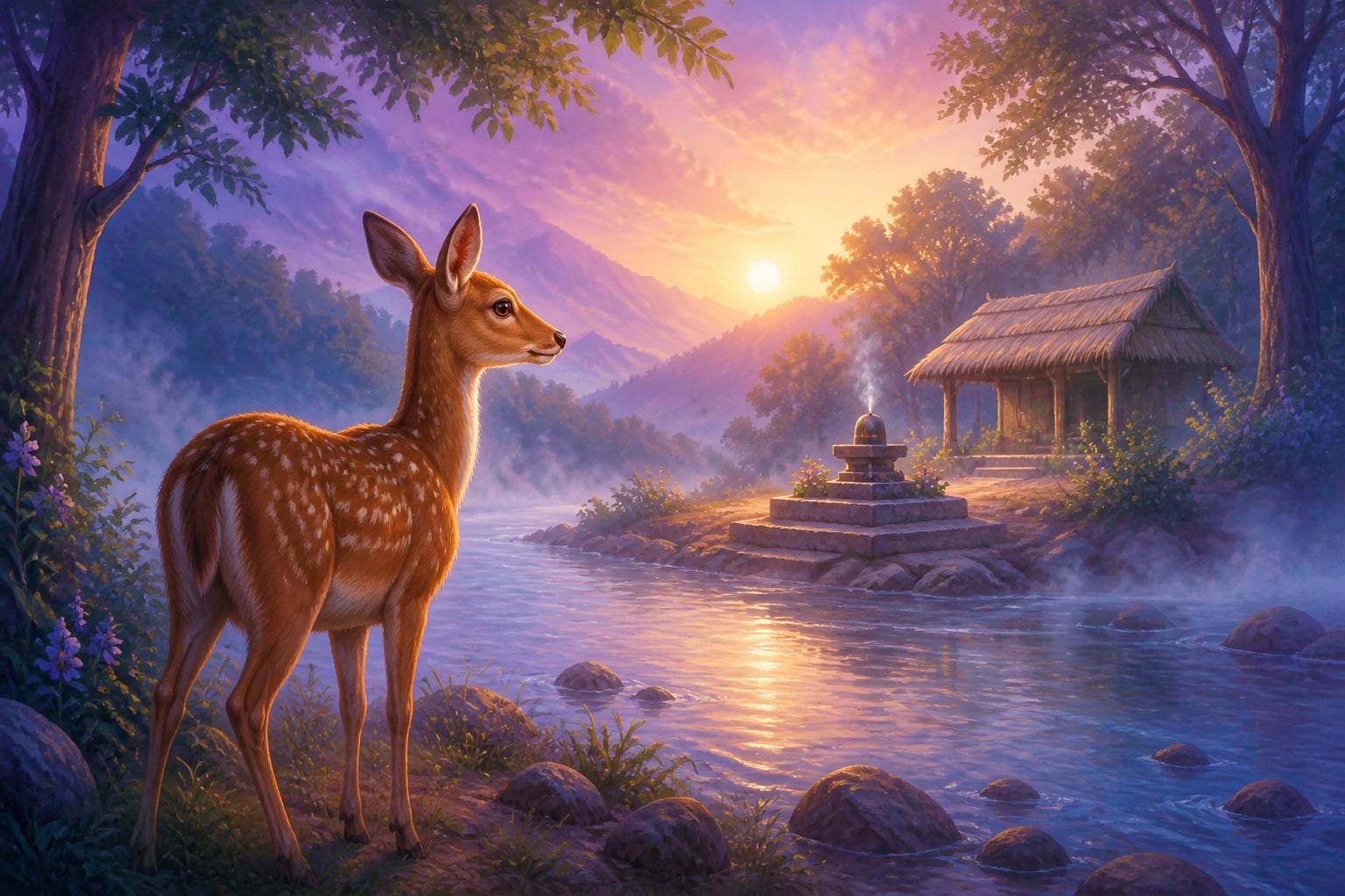 The reborn deer-Bharata returning to the same ashrama at dawn