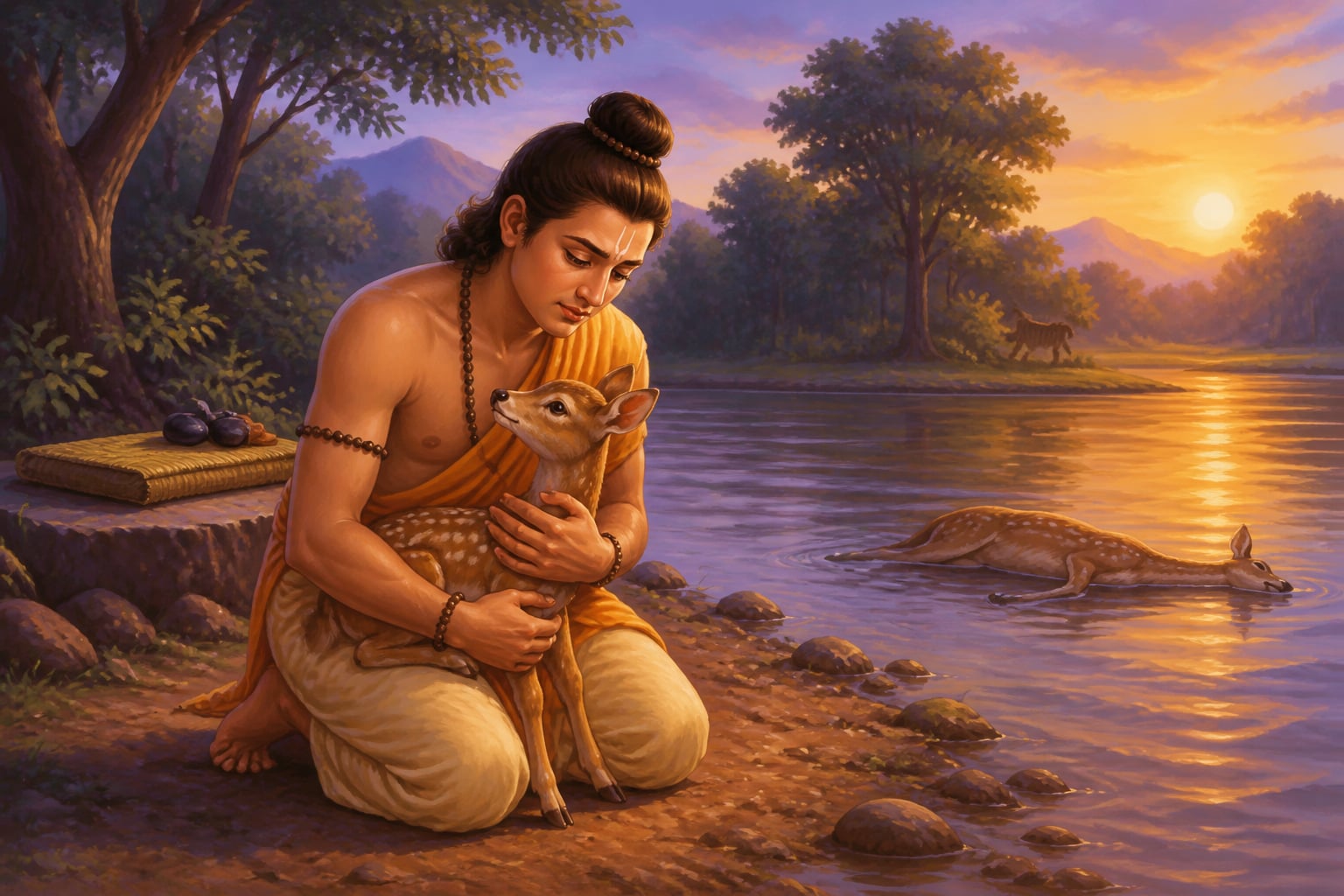 Bharata cradling the orphaned fawn at the Gandaki River