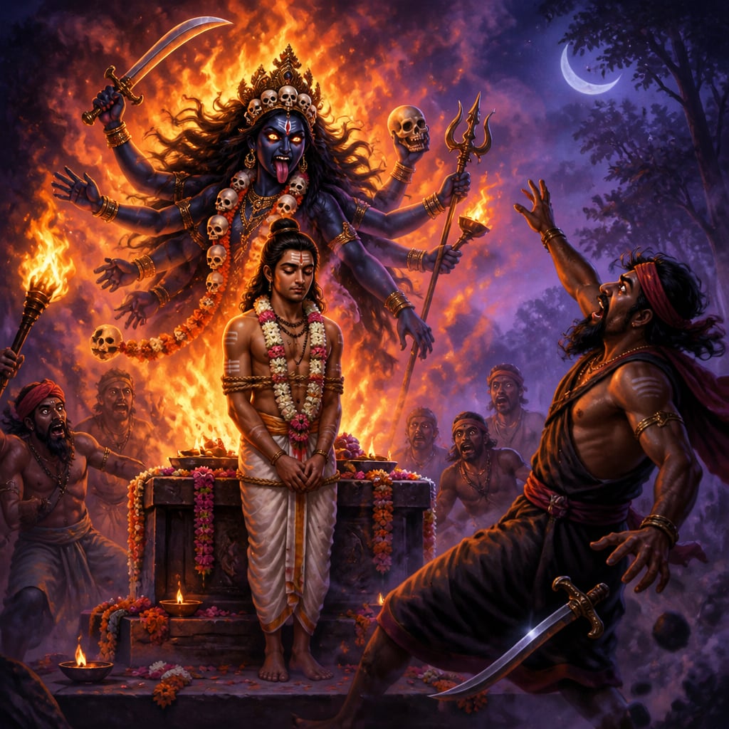 Goddess Bhadra Kali emerging in fierce flames to rescue Jada Bharata from the sacrificial altar.