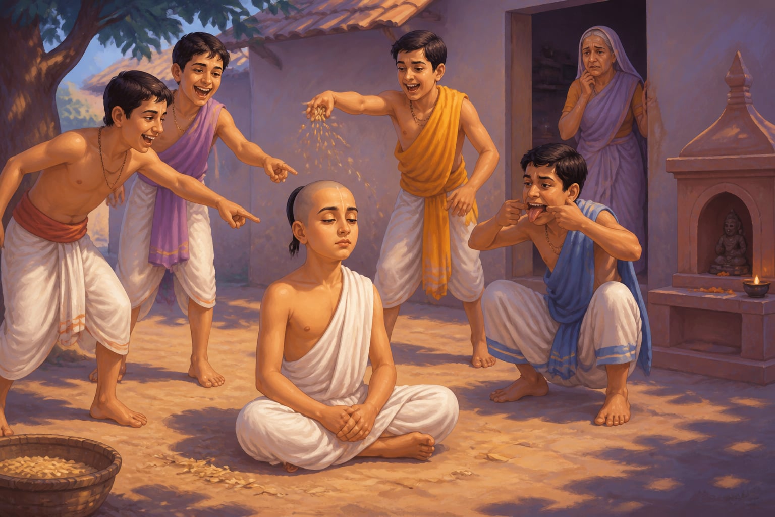 Boy Jada Bharata sitting in silent samadhi while brothers mock him