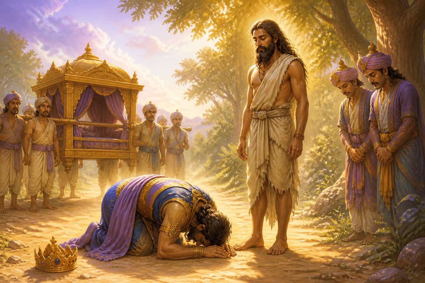King Rahugana prostrating at the feet of Jada Bharata after the teaching
