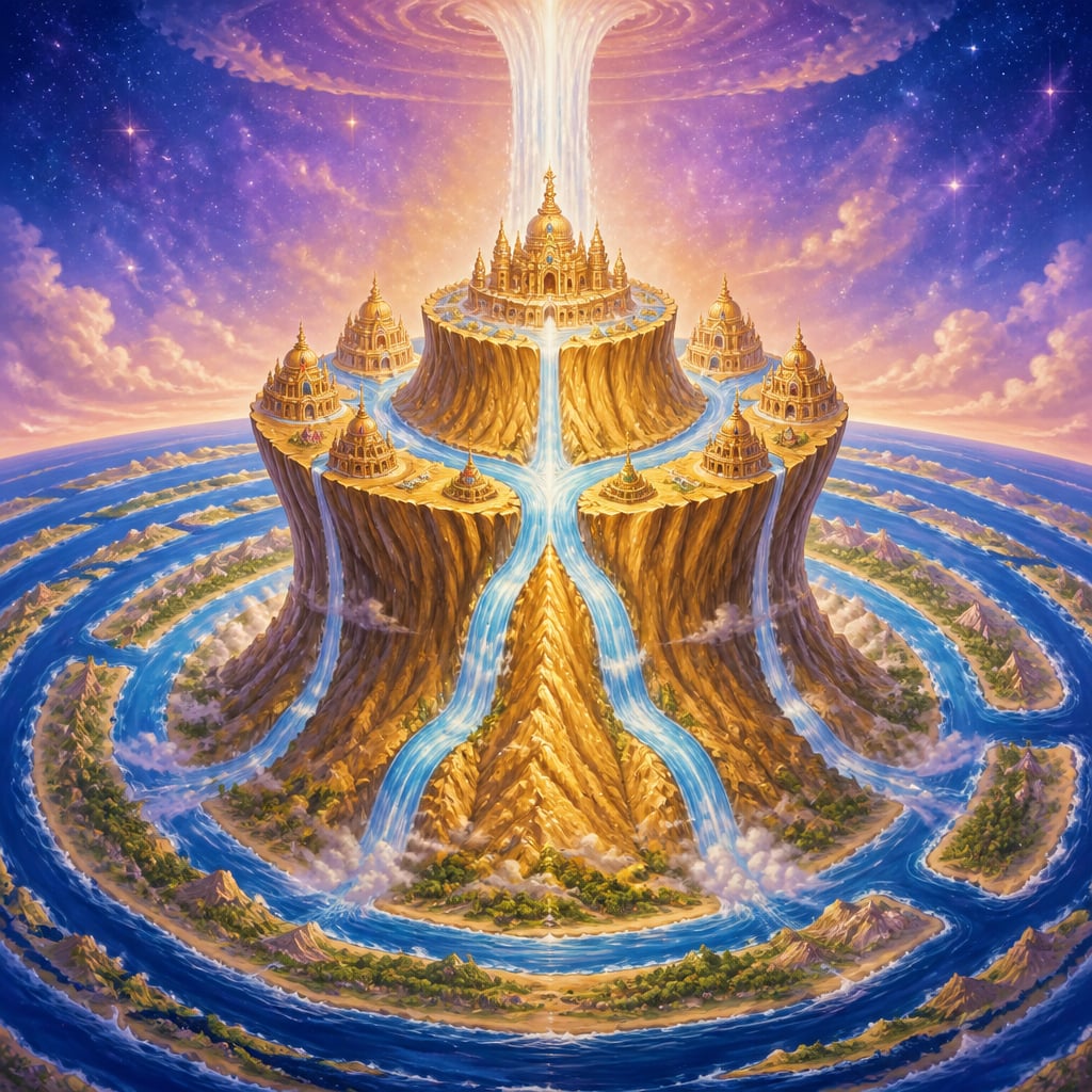 Mount Meru as a golden lotus-cup axis with the Ganges descending and four rivers fanning outward.