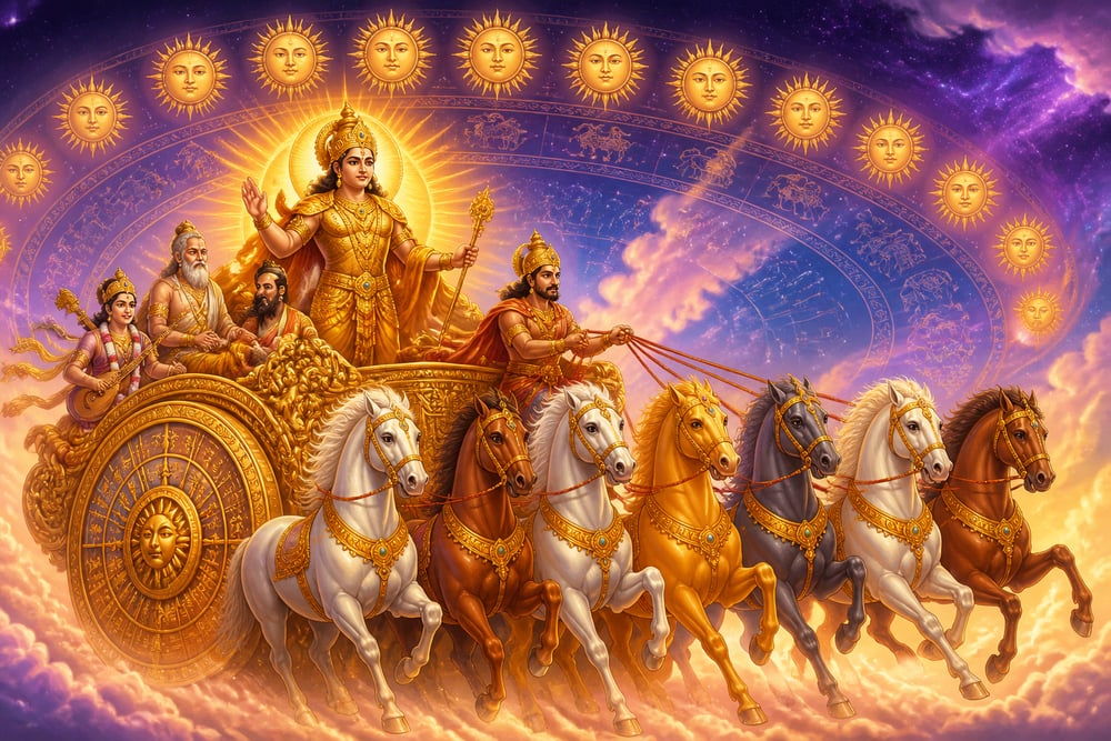 Surya the sun-god crossing the zodiac on his seven-horse chariot