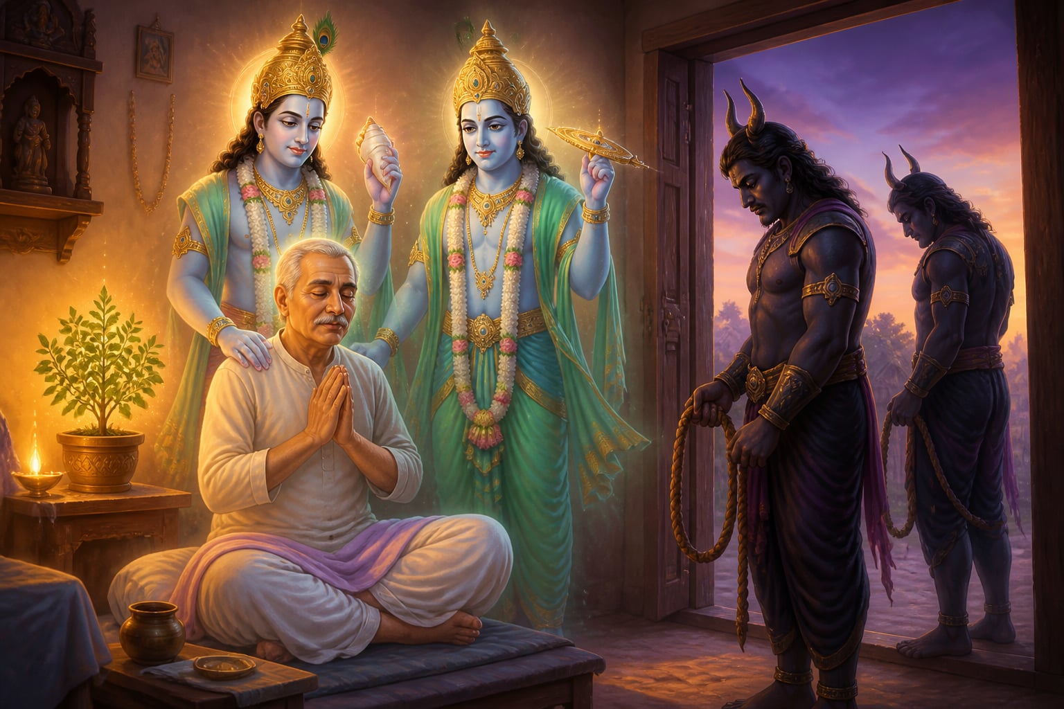 A dying devotee shielded by Vishnu's emissaries as Yamadutas turn back