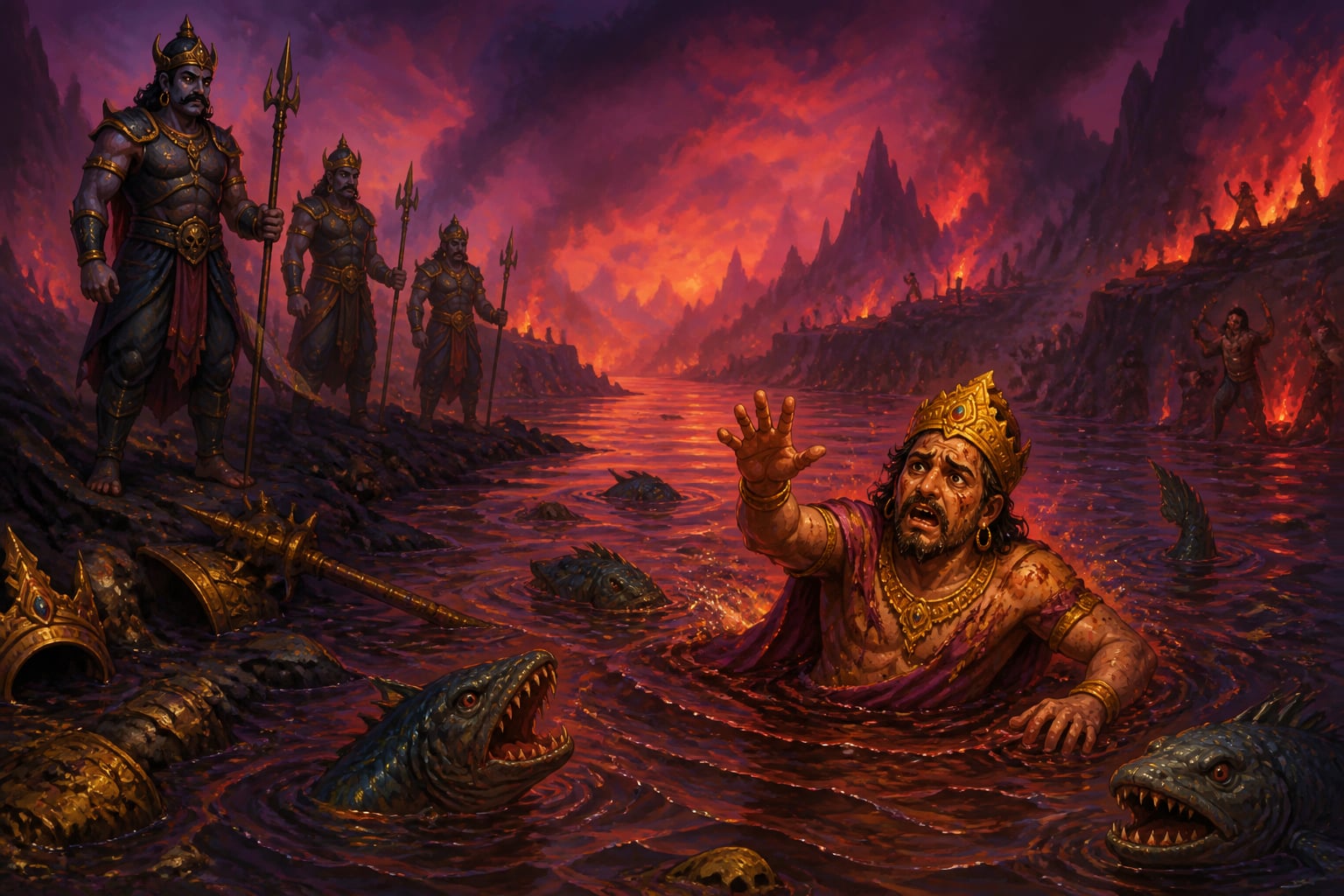 The Vaitarani river of suffering with a sinful king in its foul current