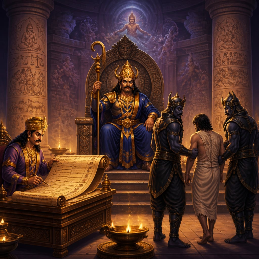 Yamaraja on his judgment throne with Chitragupta consulting a ledger as Yamadutas escort a soul forward.