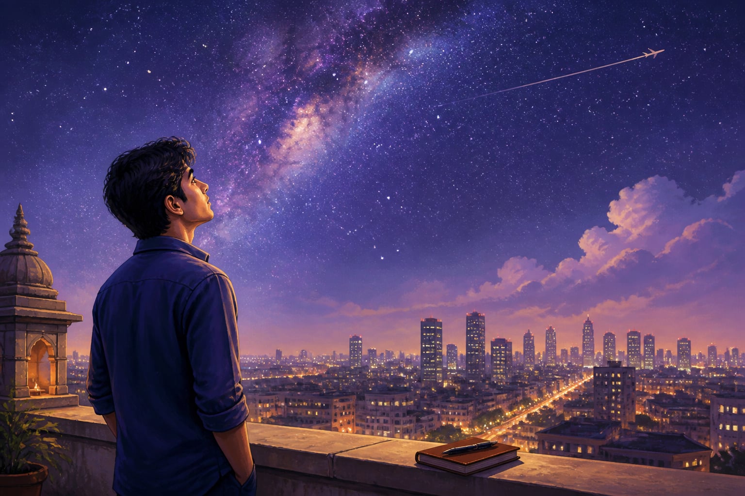 A modern figure on a rooftop under a vast starry sky finding cosmic perspective