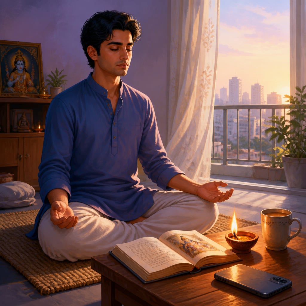 A modern Indian seated in dawn tapasya with smartphone face-down beside an oil lamp and an open Bhagavatam.