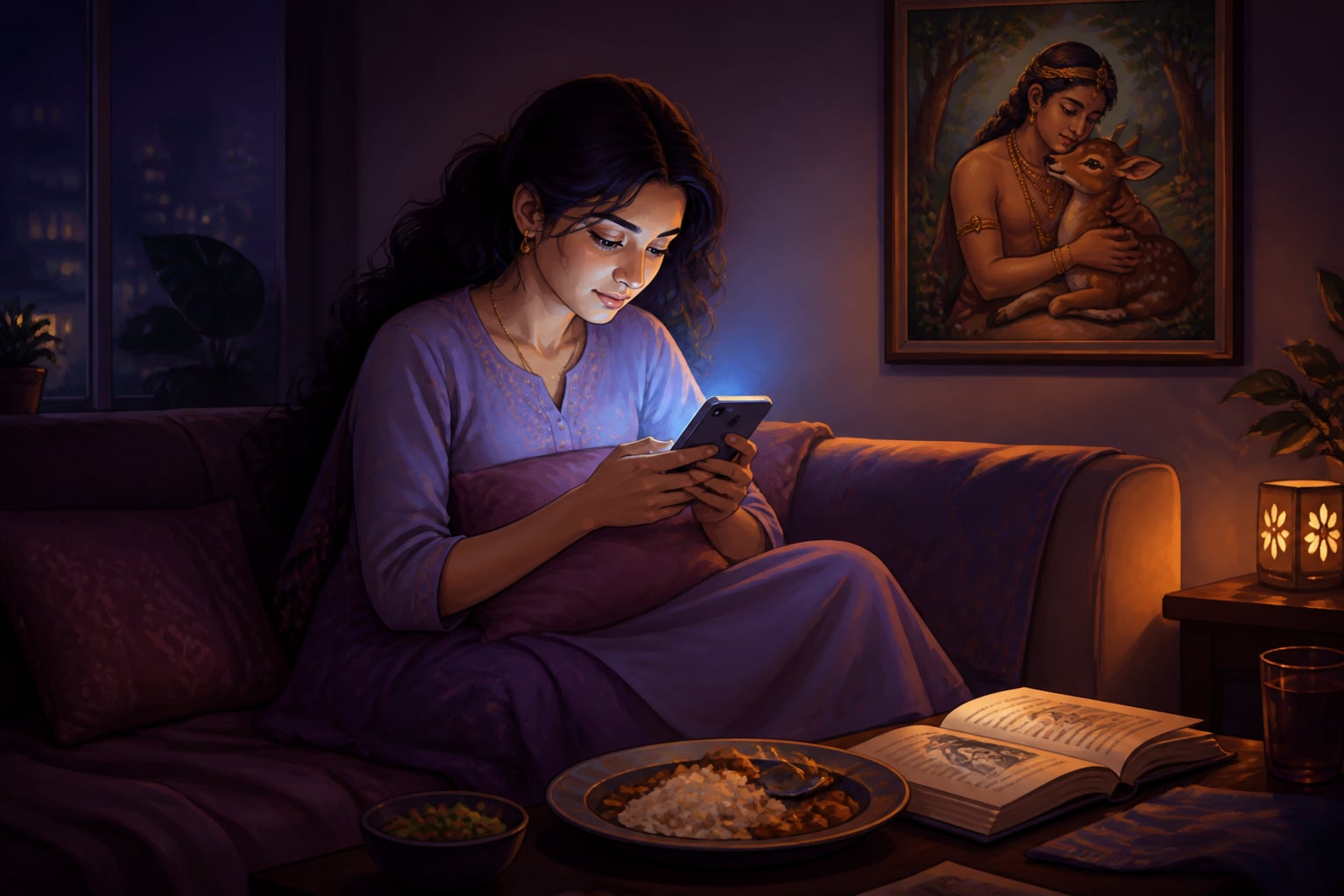 A modern person cradling a smartphone like Bharata cradled the fawn