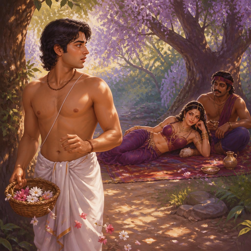 Young Ajamila frozen in the forest clearing, eyes caught against his will on a courtesan reclining beneath a flowering tree.