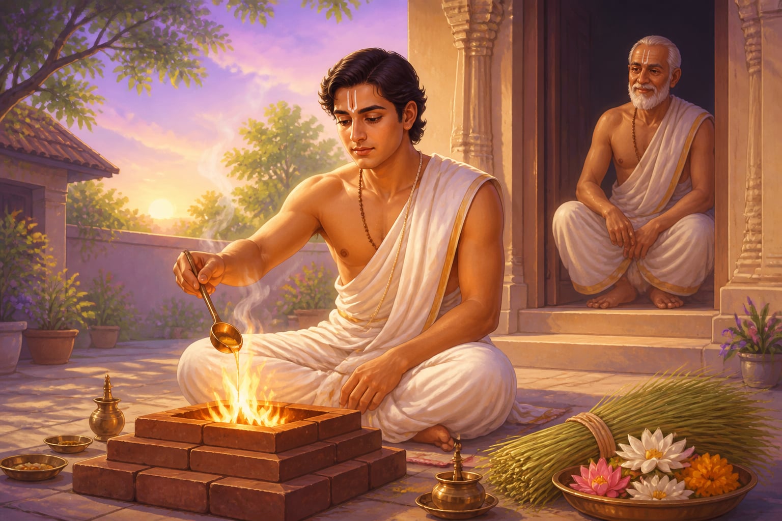 Young Ajamila performing the morning fire ritual in his courtyard