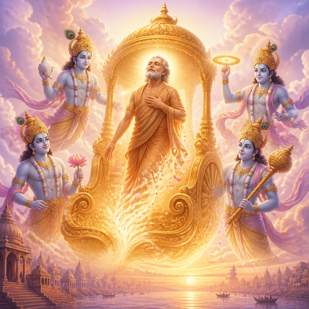 The transformed elderly Ajamila ascending peacefully into a luminous golden chariot of light at his second death on the banks of the Ganga.