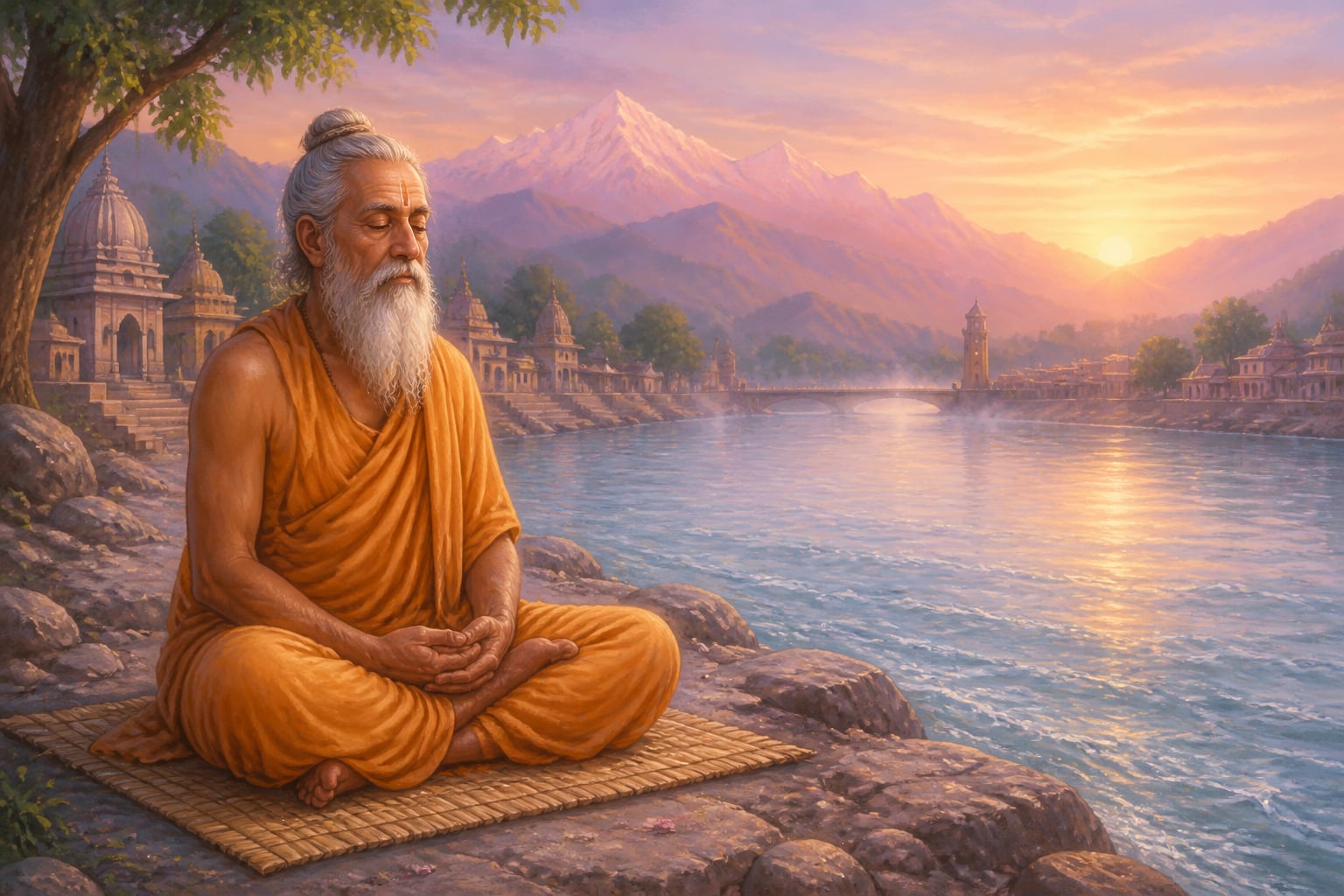 The transformed Ajamila meditating on the Ganga at Hardwar