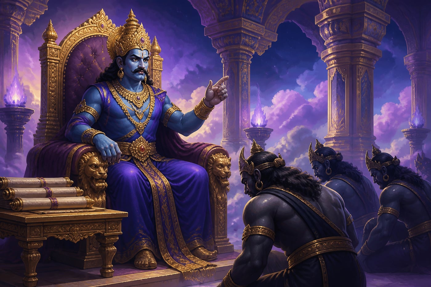 Yamaraja instructing his Yamadutas about the supremacy of the holy name