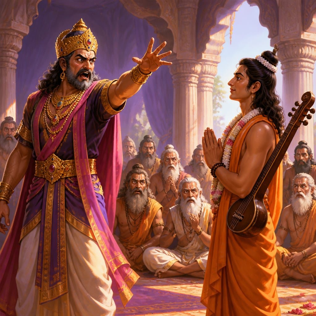 Daksha standing in raging fury before the assembled sages, pronouncing his curse on serene Narada who accepts it with folded hands.