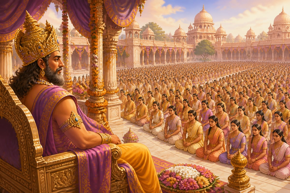 Daksha as patriarch surveying his vast assembled progeny