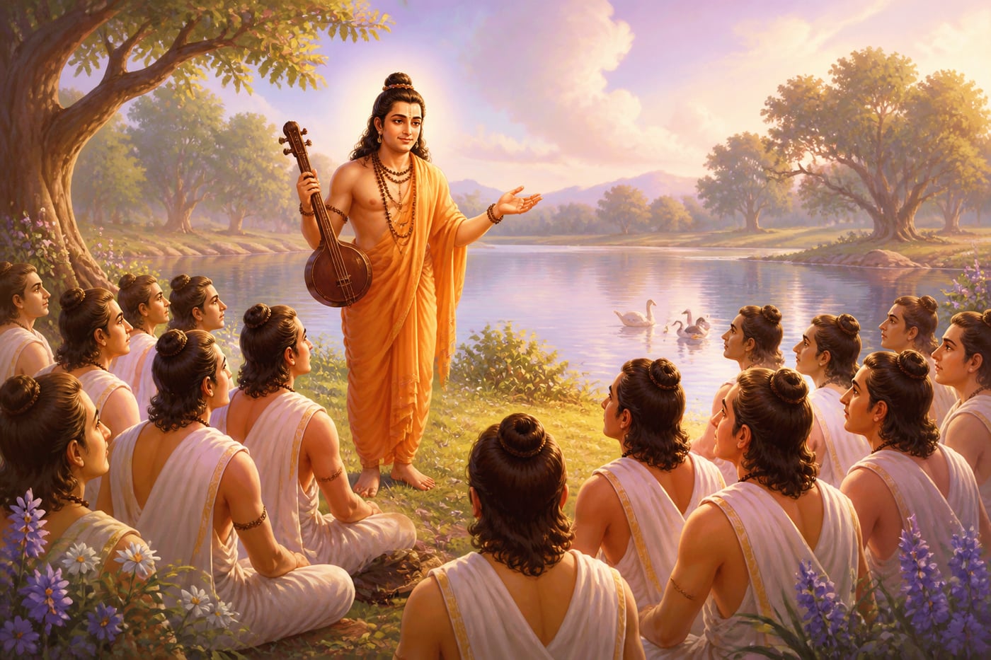 Narada teaching the Haryashvas his liberating riddles at the lake