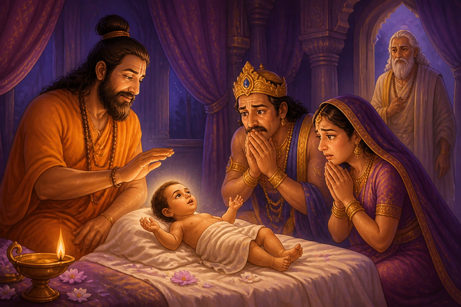 The dead child's soul speaking from his small body to grieving Chitraketu