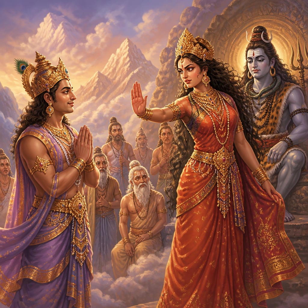 King Chitraketu standing in serene equanimity before the blazing-eyed Parvati as she pronounces her curse, Shiva seated calmly behind her.