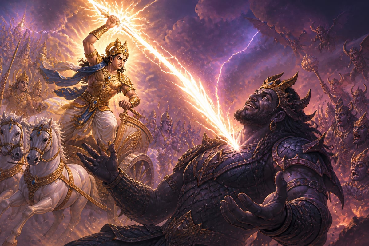 Indra striking Vritra with the vajra as Vritra welcomes death