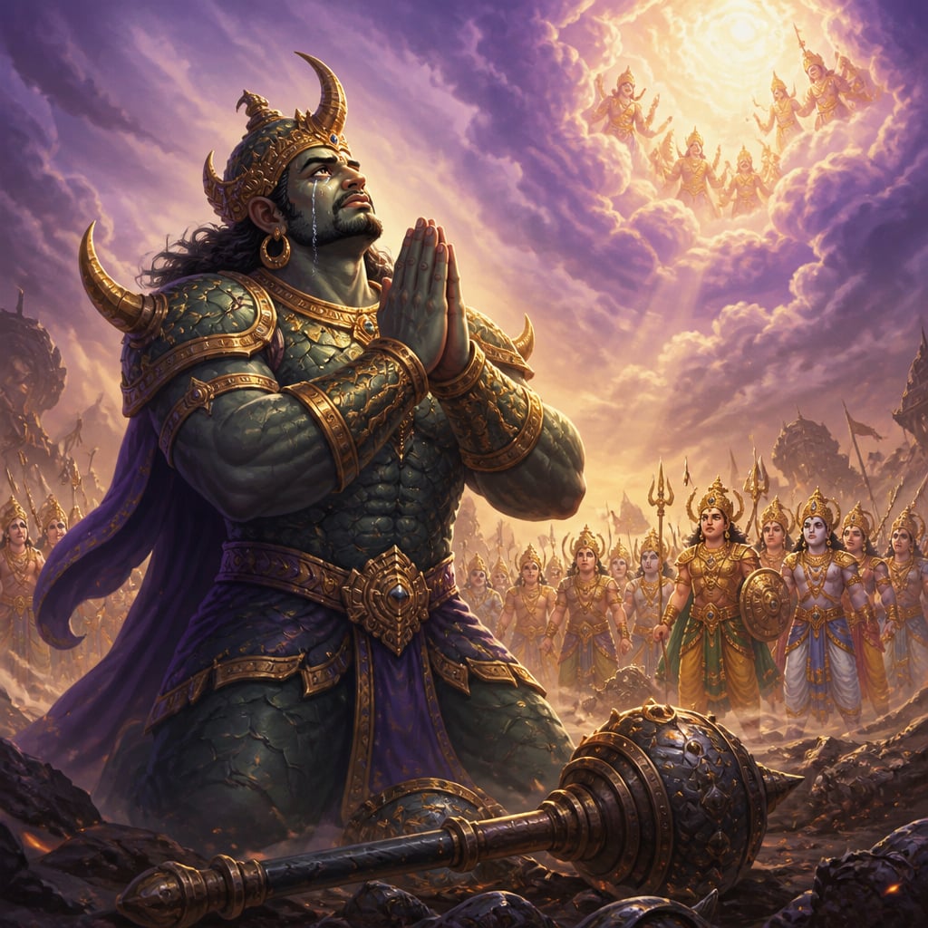 The towering asura Vritra standing on the cosmic battlefield with hands folded in prayer, weapons set down, face lifted in tearful longing toward the heavens.