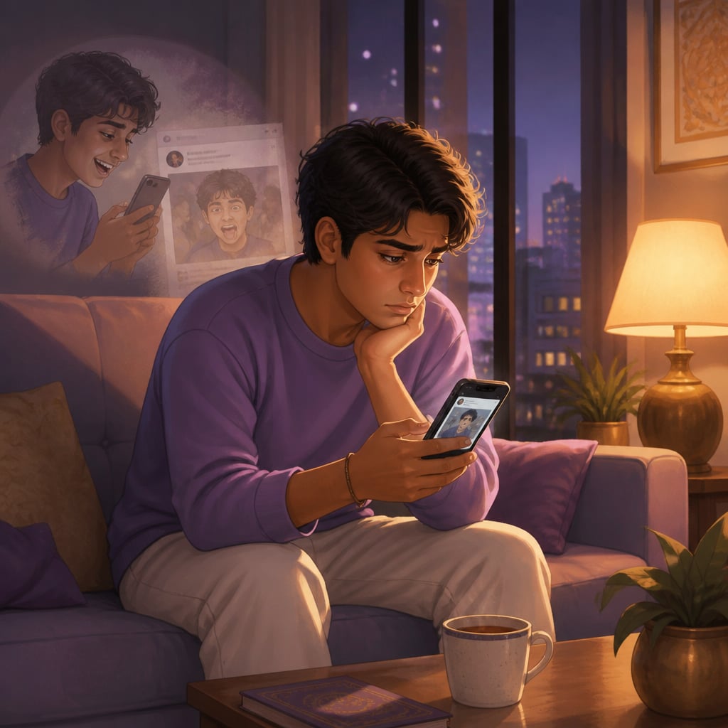A young modern Indian person alone on a couch at evening, looking down at their phone showing a resurfaced old social media mistake, troubled by the weight of the digital permanent record.