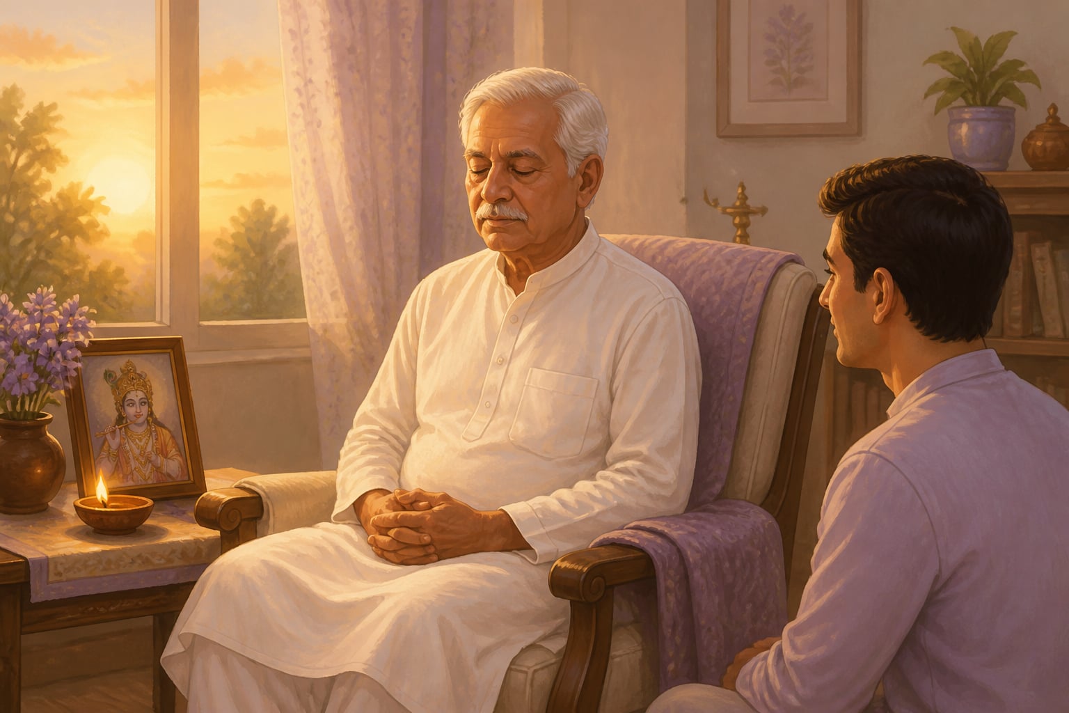 An elderly person at peaceful prayer facing mortality with grace