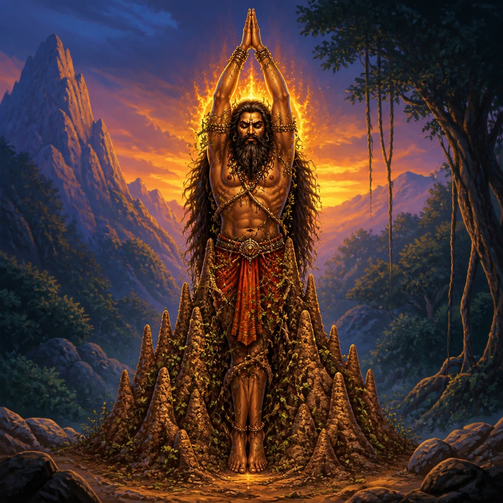 Hiranyakashipu stands motionless in fierce penance in the valley of Mandara Mountain, anthills built up around his legs and matted hair fallen below his waist.