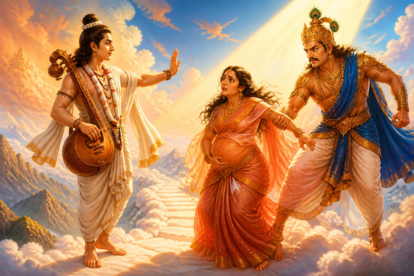 Narada Muni rescuing Kayadu from Indra